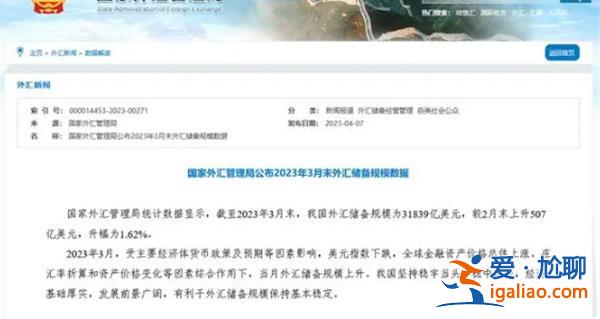 3月末我國外匯儲備31839億美元 較2月末同比上升507億美元？