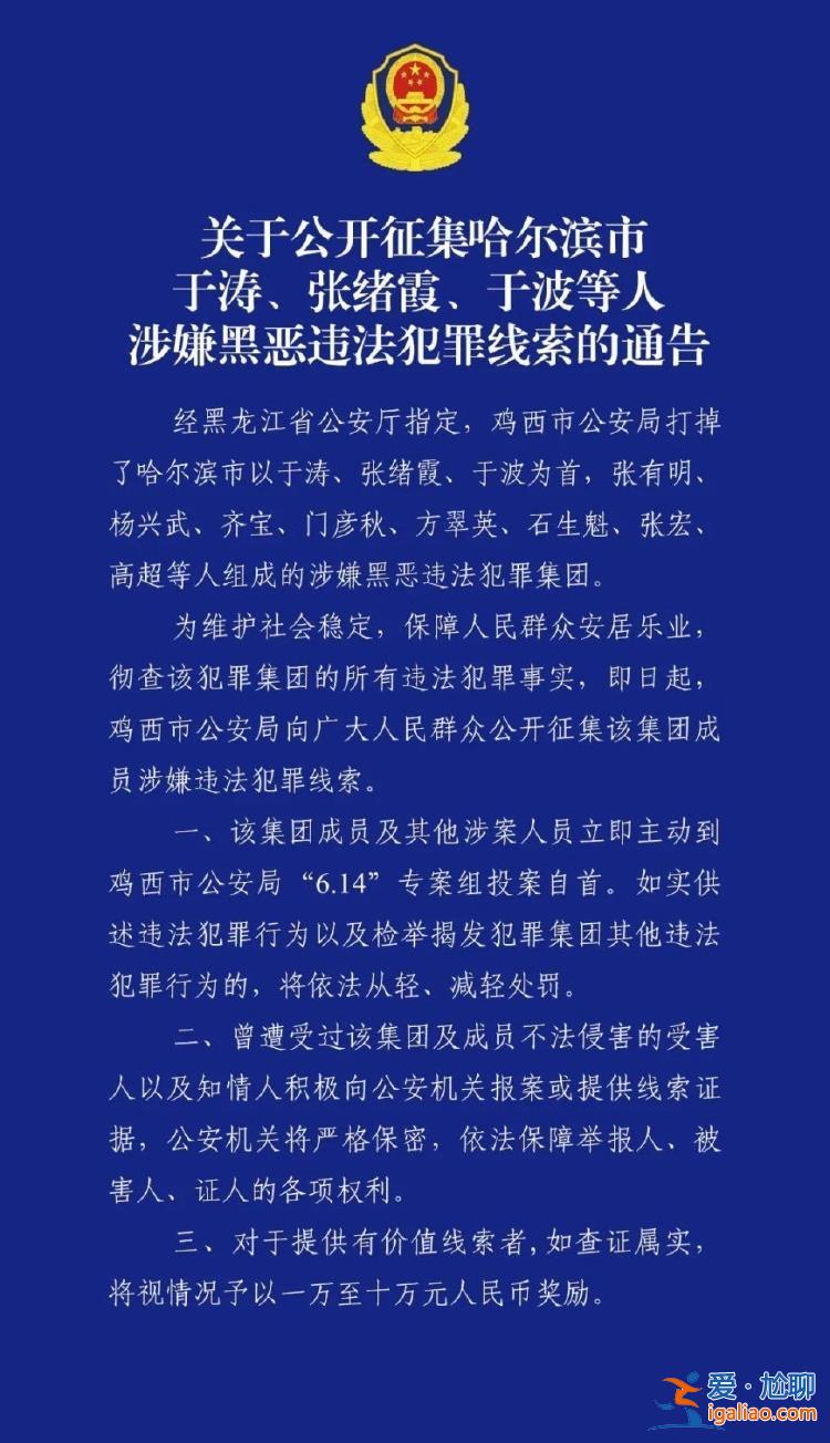 哈爾濱市公安局原副局長于濤涉嫌黑惡犯罪 警方征集線索最高獎(jiǎng)勵(lì)十萬？